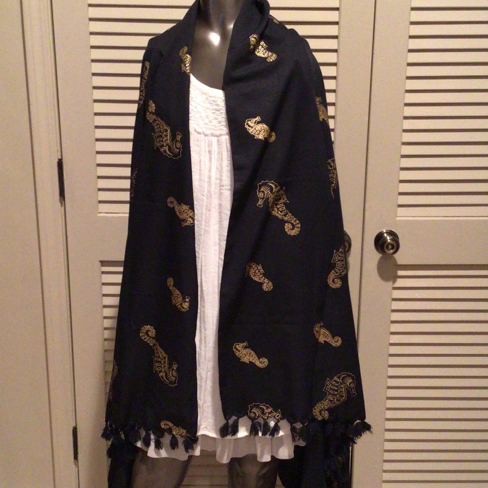 Rima Black with Gold Seahorses Shawl